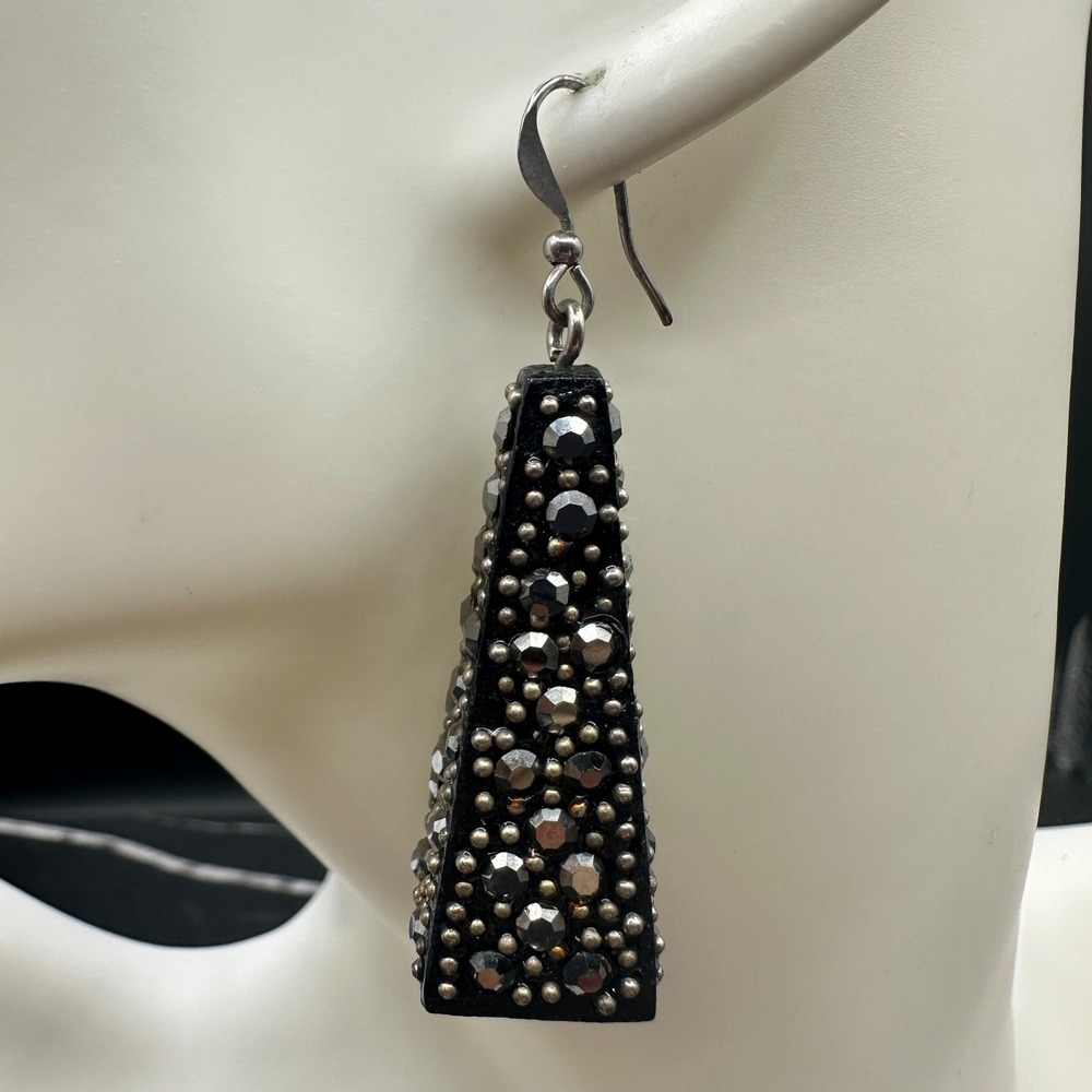 Vintage Black Rhinestone Studded Tapered Dangle Earrings Punk Glam
